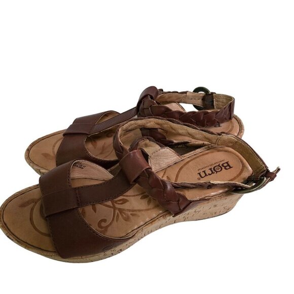 Born Laurene In Saddle Brown Braided Leather Cork Wedge Sandals Size 9 - Picture 3 of 10